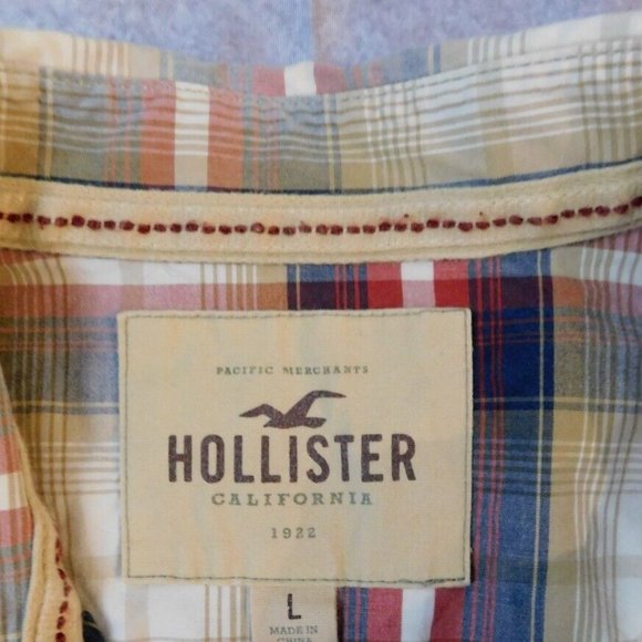 Hollister Shirt Large Tan/Red Plaid Western Pearl Snap Button Down Men's - Picture 3 of 3
